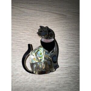 Vintage Alpaca Mexico Silver Plate Abalone Shell Black Inlay Cat Brooch Pin Cute